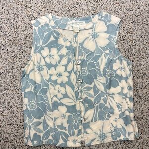 Vintage Pineapple Moon Silk Top Women Small Blue White Hawaiian Tropical Shirt